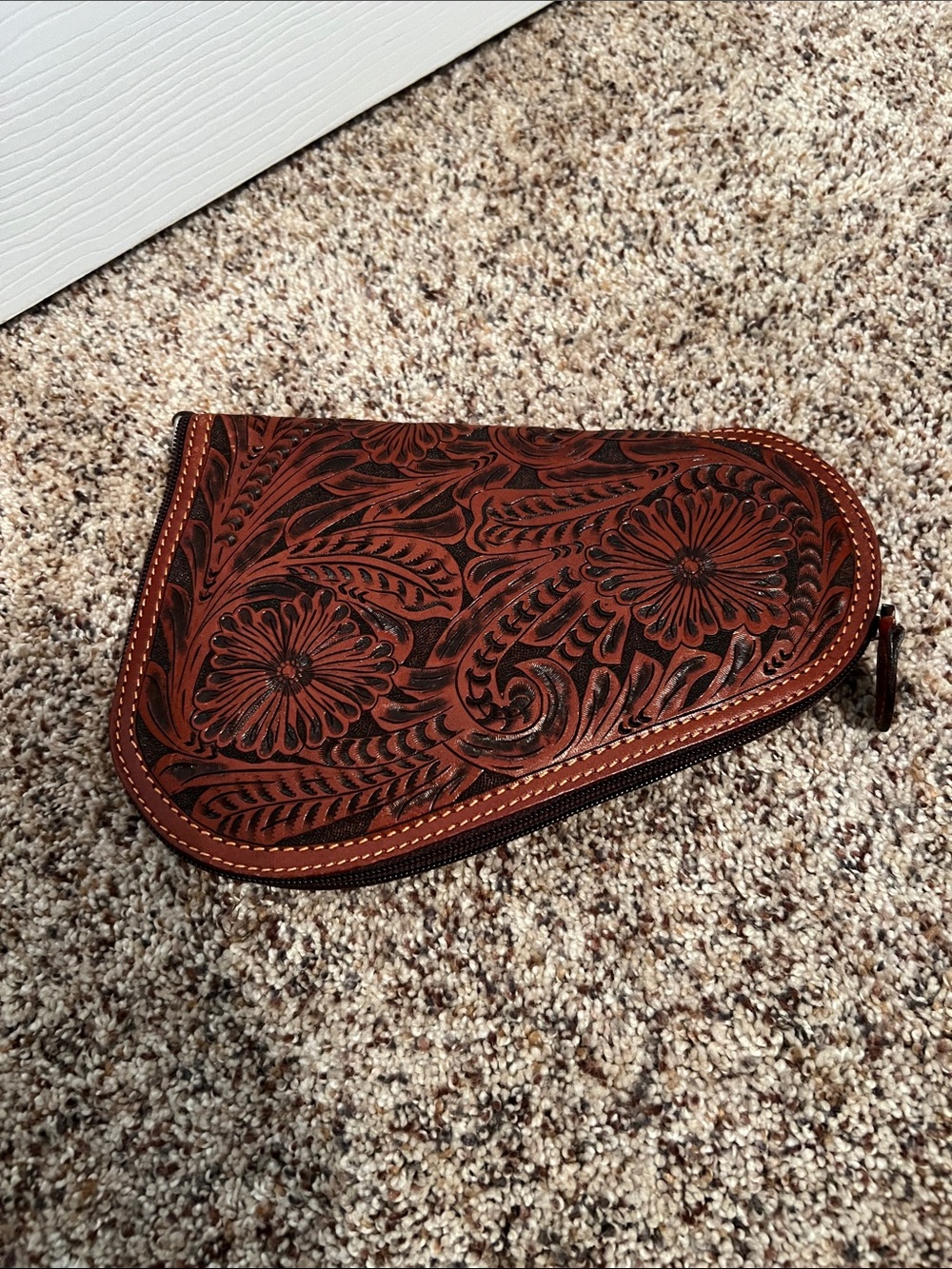 Source Unknown Brown Tooled Leather Zip gun holder
